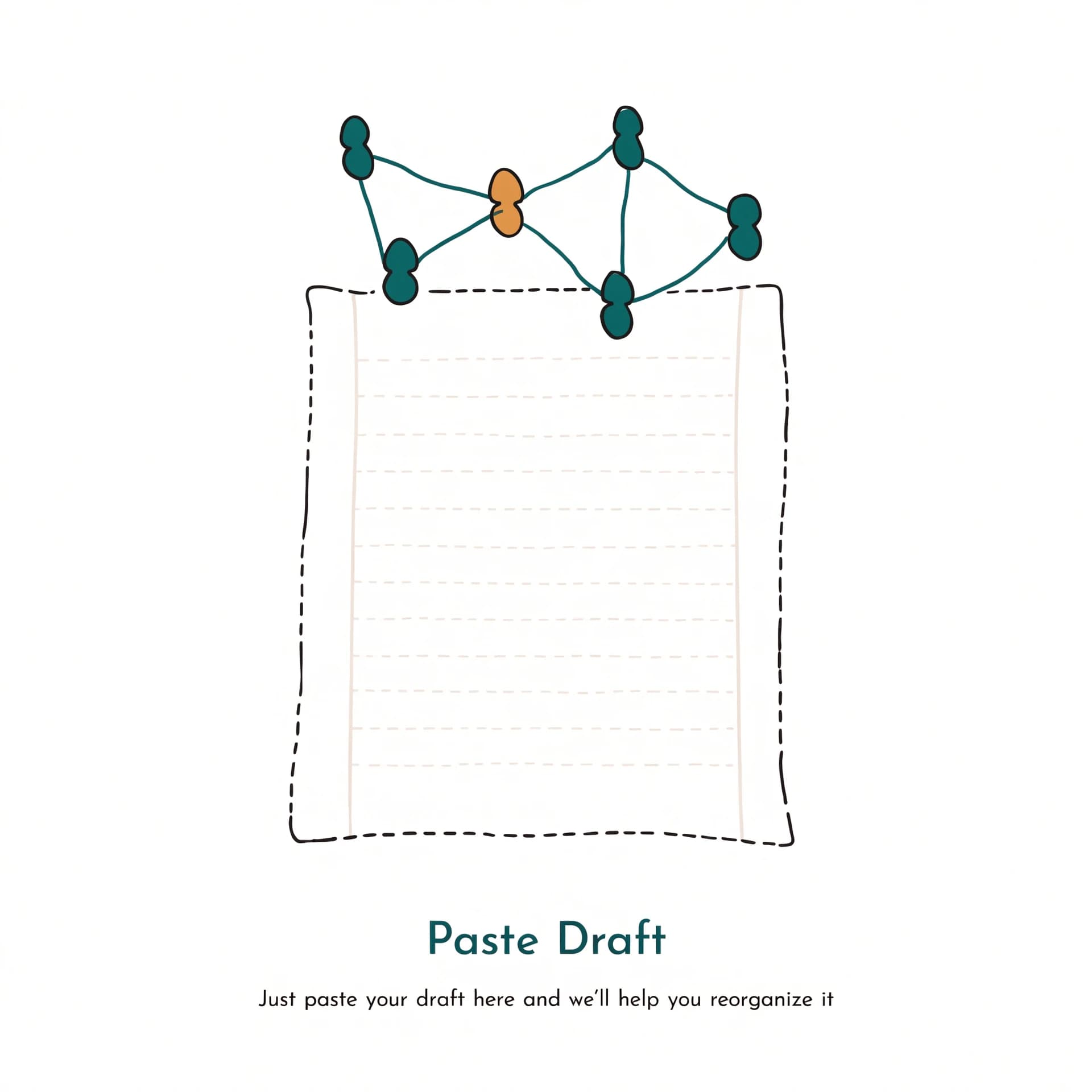 A friendly empty-state illustration: a blank manuscript page on warm paper with a faint story-lattice starting to form and a dotted outline inviting the author to paste a draft, marked by one small amber spark node.