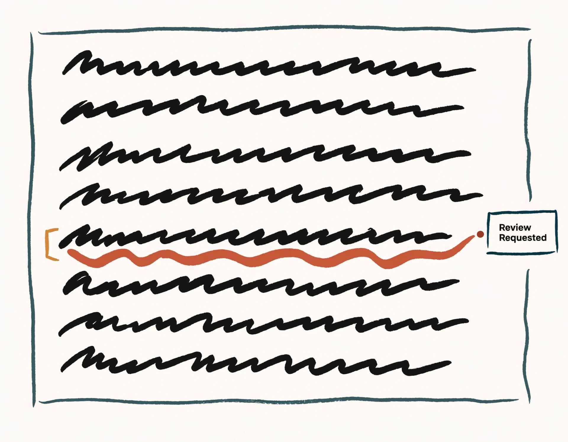 An illustrated in-product continuity panel: a manuscript page card on warm paper with abstract ink lines, one line underlined in clay, an amber margin bracket, and a short margin note flagging a cross-chapter contradiction.