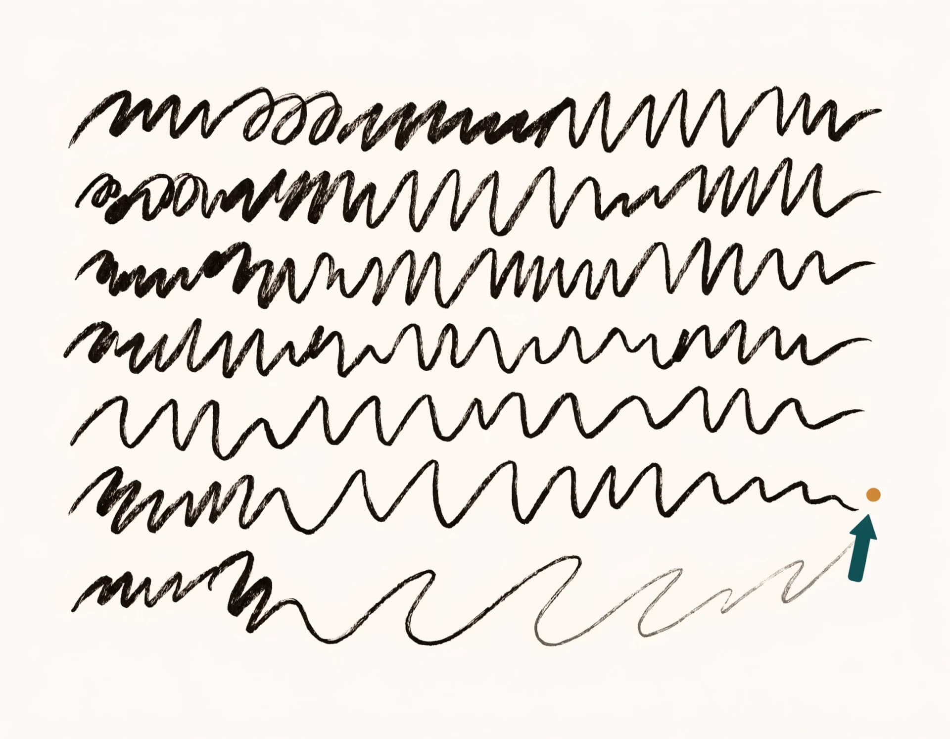 An illustrated manuscript page whose lines soften toward the end as a co-pilot continues the author's own sentence, with a teal caret cursor and a small amber spark.