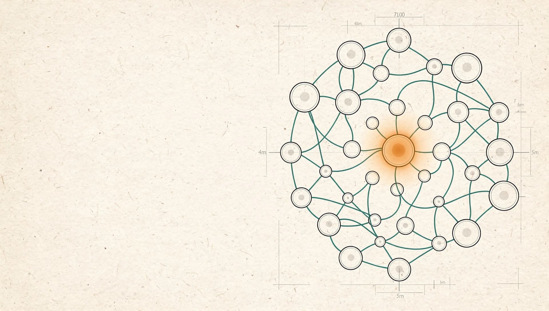An illustrated story-memory lattice of connected character and plot nodes on warm paper, thin curved teal links and faint blueprint framing marks, one node glowing softly amber, with clean negative space on the left for a headline.